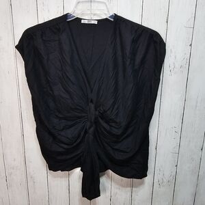 Zara Collection Womens Black Linen Blend Cap Sleeve Knot Front Shirt Size Medium